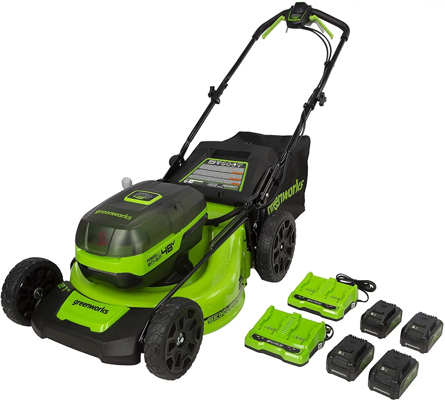 Greenworks 48V 21-inch Self-Propelled Lawn Mower W/(4) 4.0 Ah USB Batteries and (2) Dual Port Chargers, 2532702